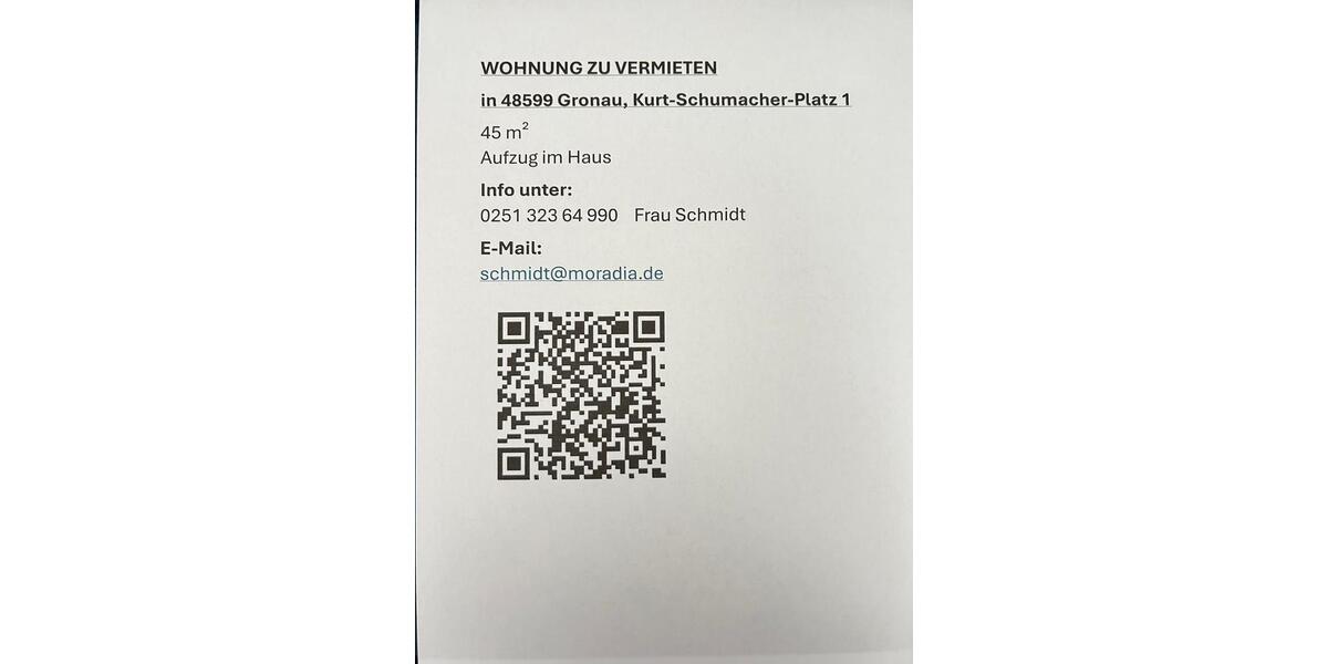 Etagenwohnung Gronau (Westfahlen) - 1 Zimmer, 45 m&sup2;, 400&euro; | Angebot:25444796