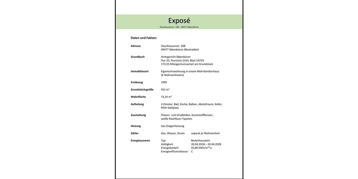 Etagenwohnung Ibbenbüren - 3 Zimmer, 73 m&sup2;, 249.000&euro; | Angebot:23271545